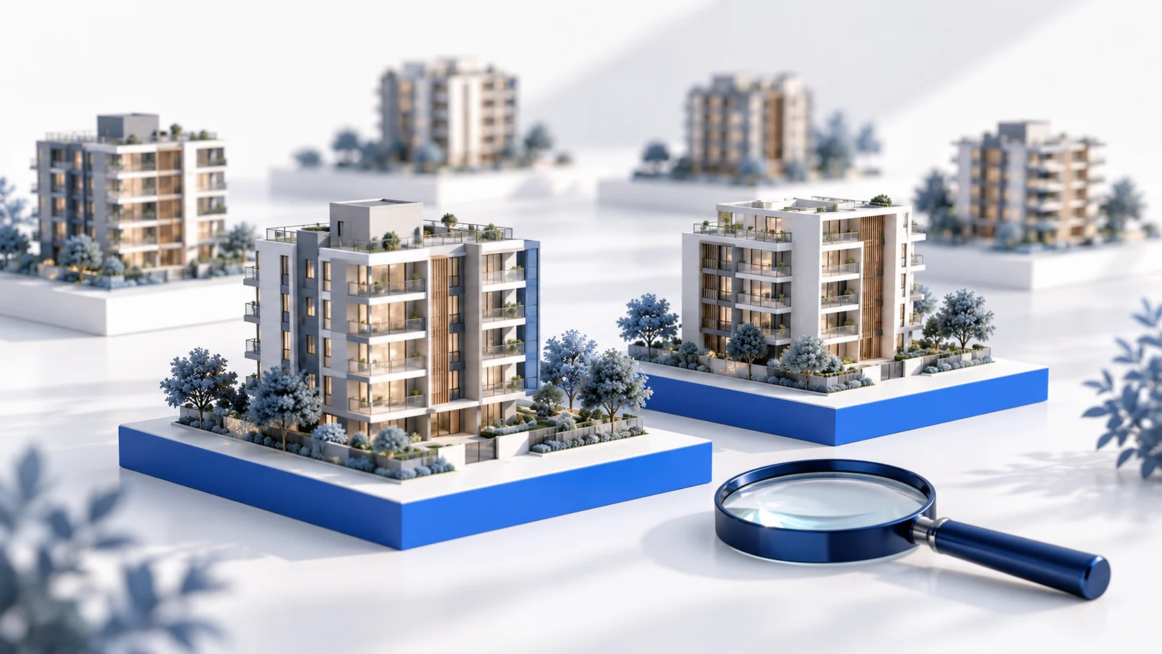 Illustration of apartment models being narrowed to a shortlist, with blue selection markers.
