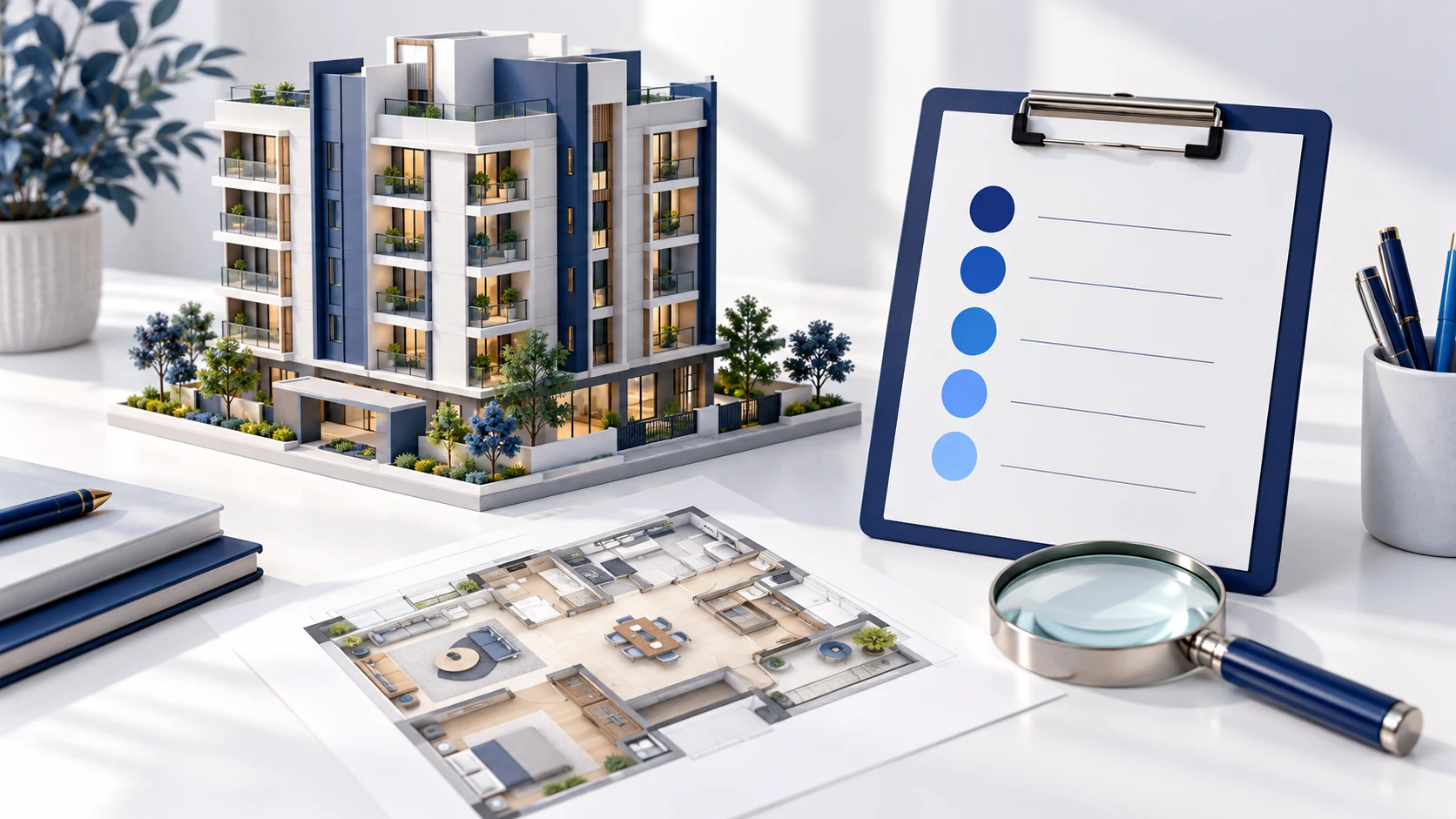 Illustration of a homebuying clipboard with five highlighted review points beside apartment models.
