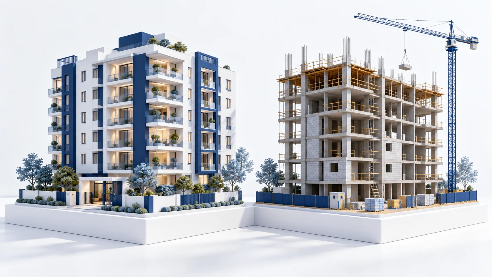 Architectural illustration comparing a completed apartment building with a building under construction.