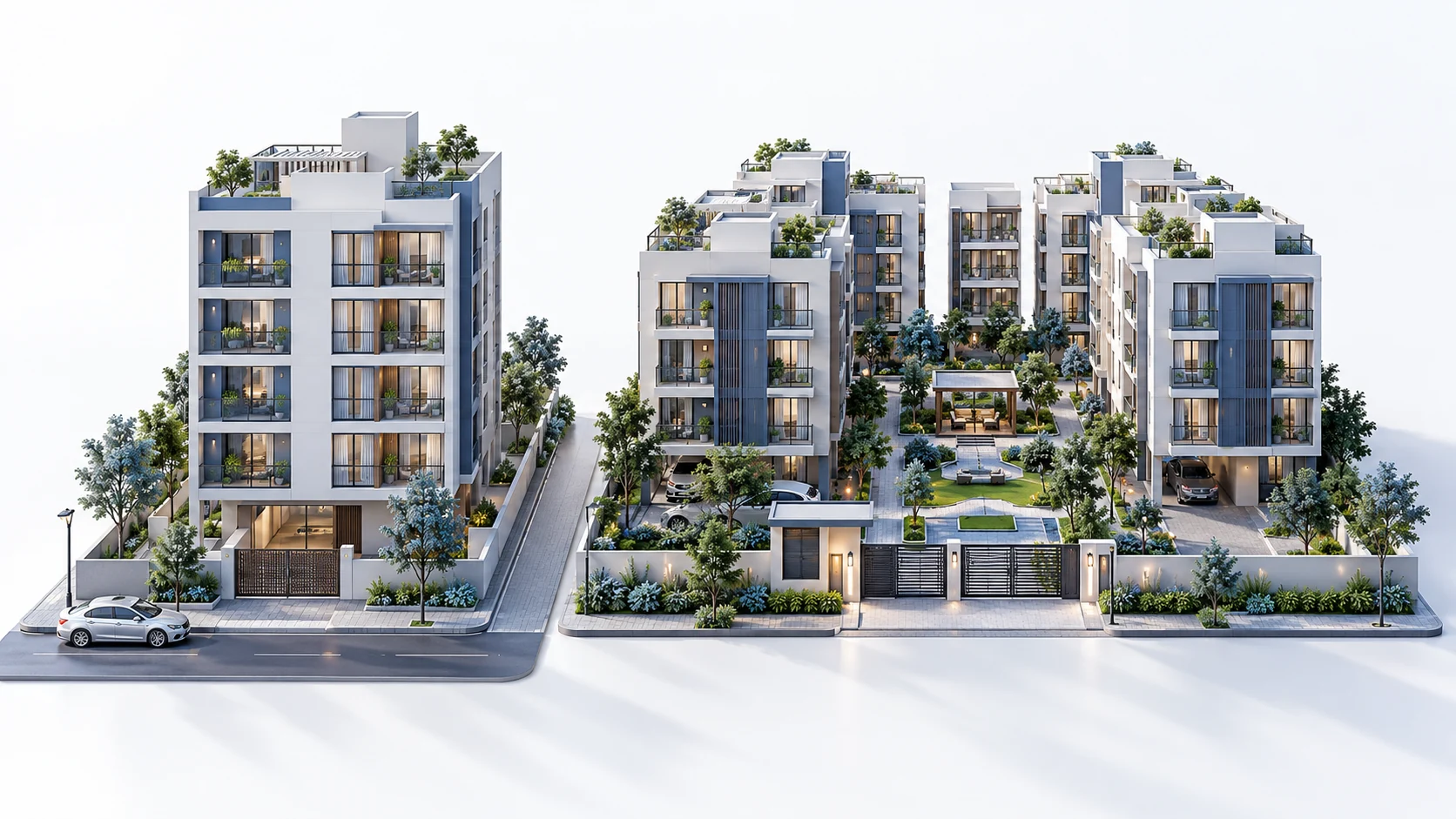 Illustration showing a standalone apartment building beside a larger gated community.