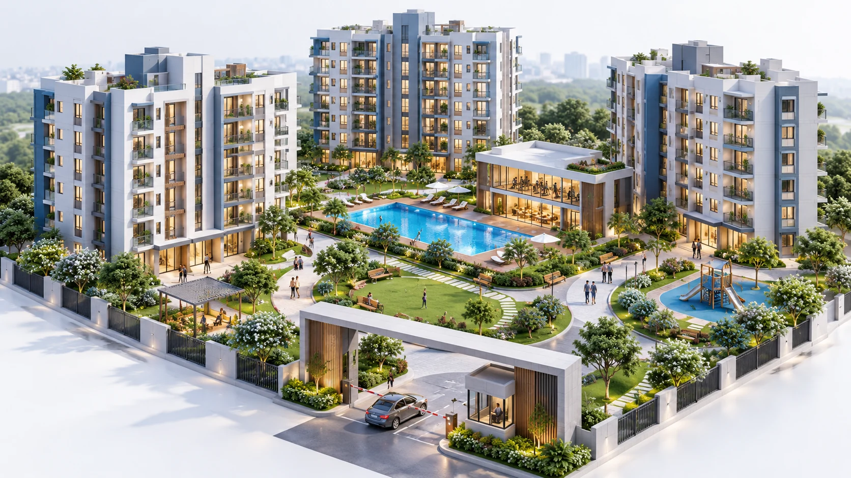 Architectural illustration of apartment towers around a landscaped shared courtyard and pedestrian paths.