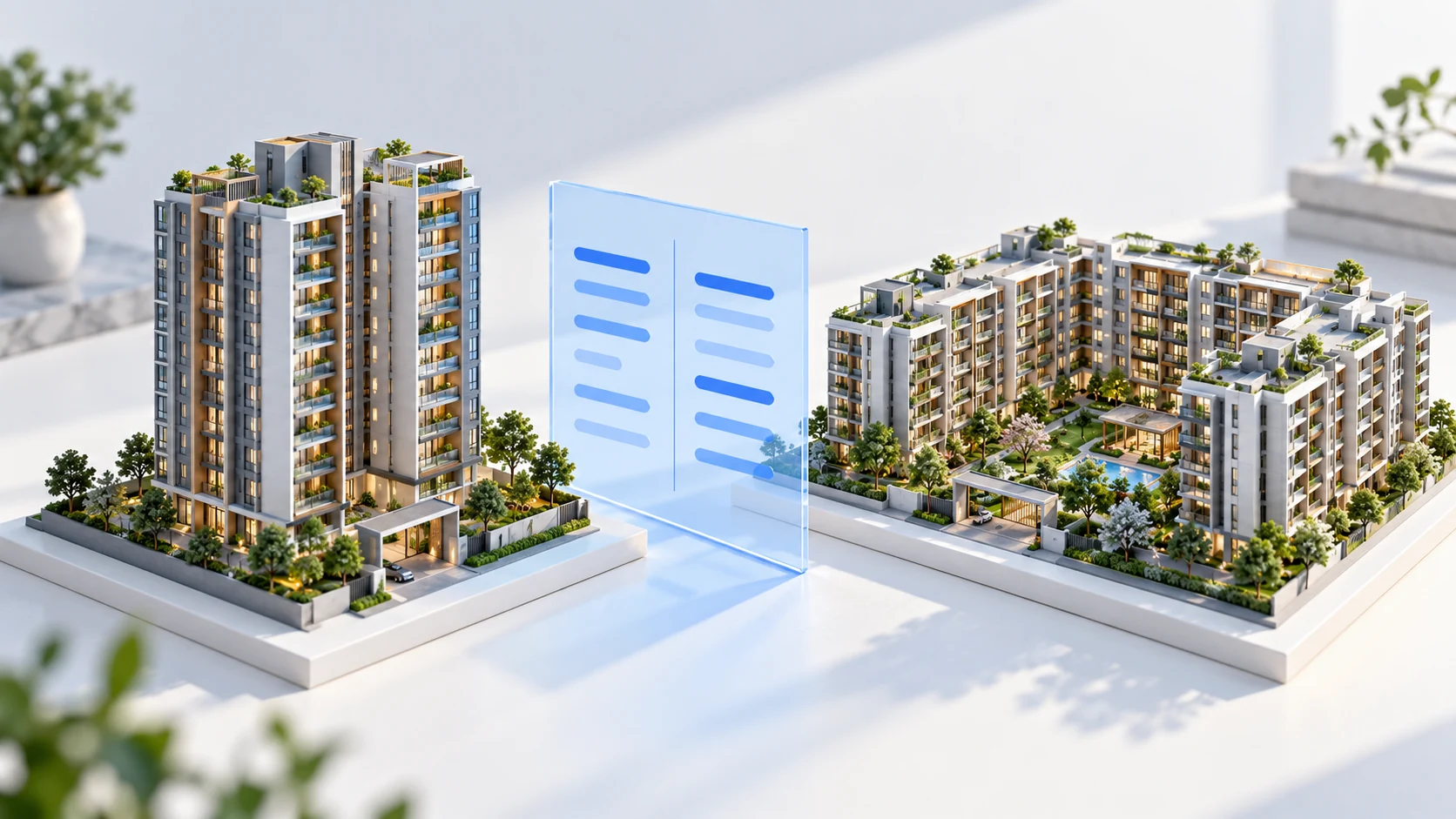 Illustration of two apartment developments beside a neutral comparison panel.