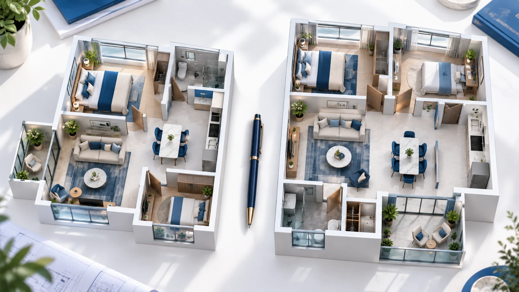 Illustration of two apartment interiors shown side by side for a unit-level comparison.