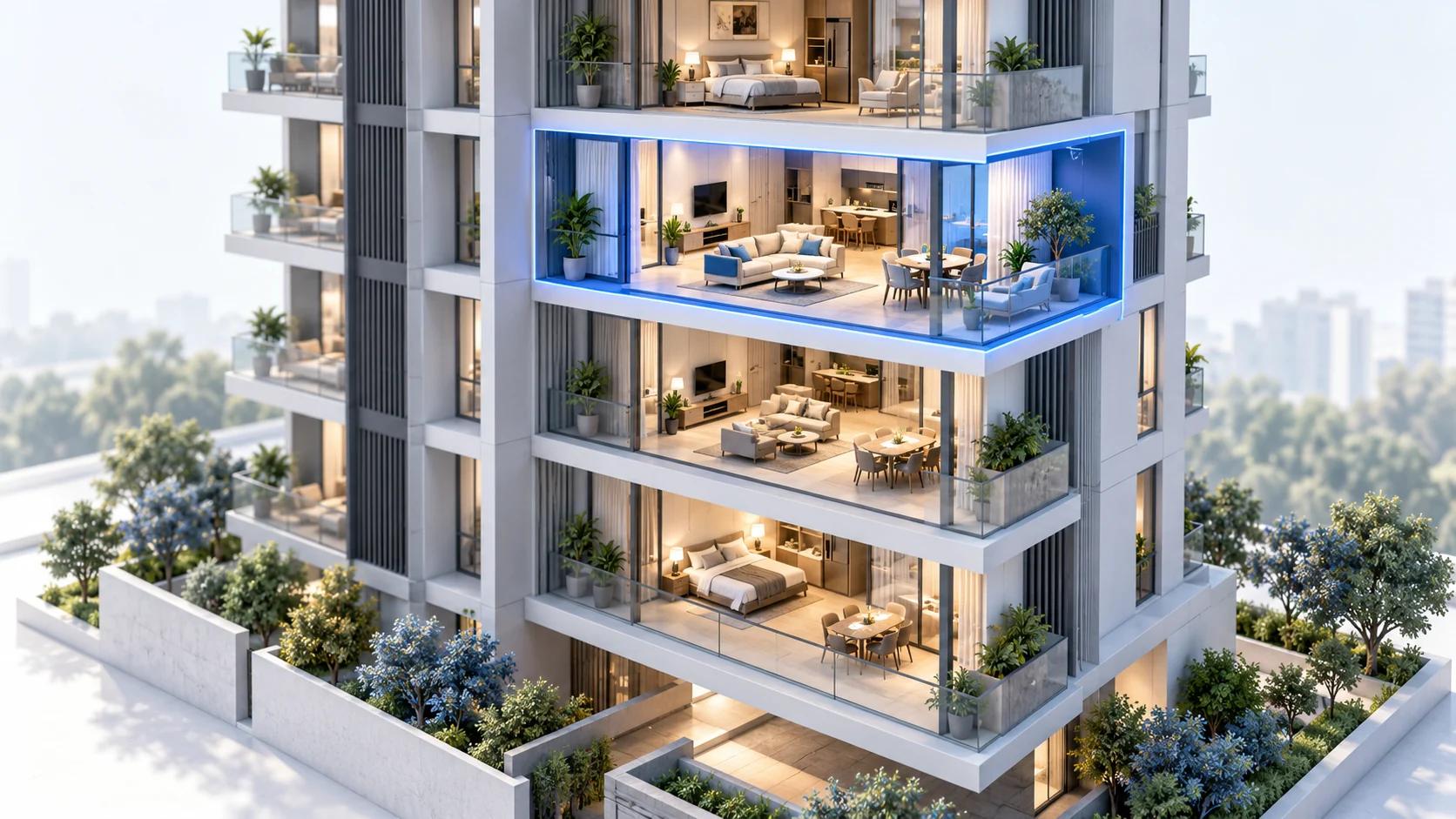 Cutaway illustration of an apartment tower with one unit highlighted to show its position.