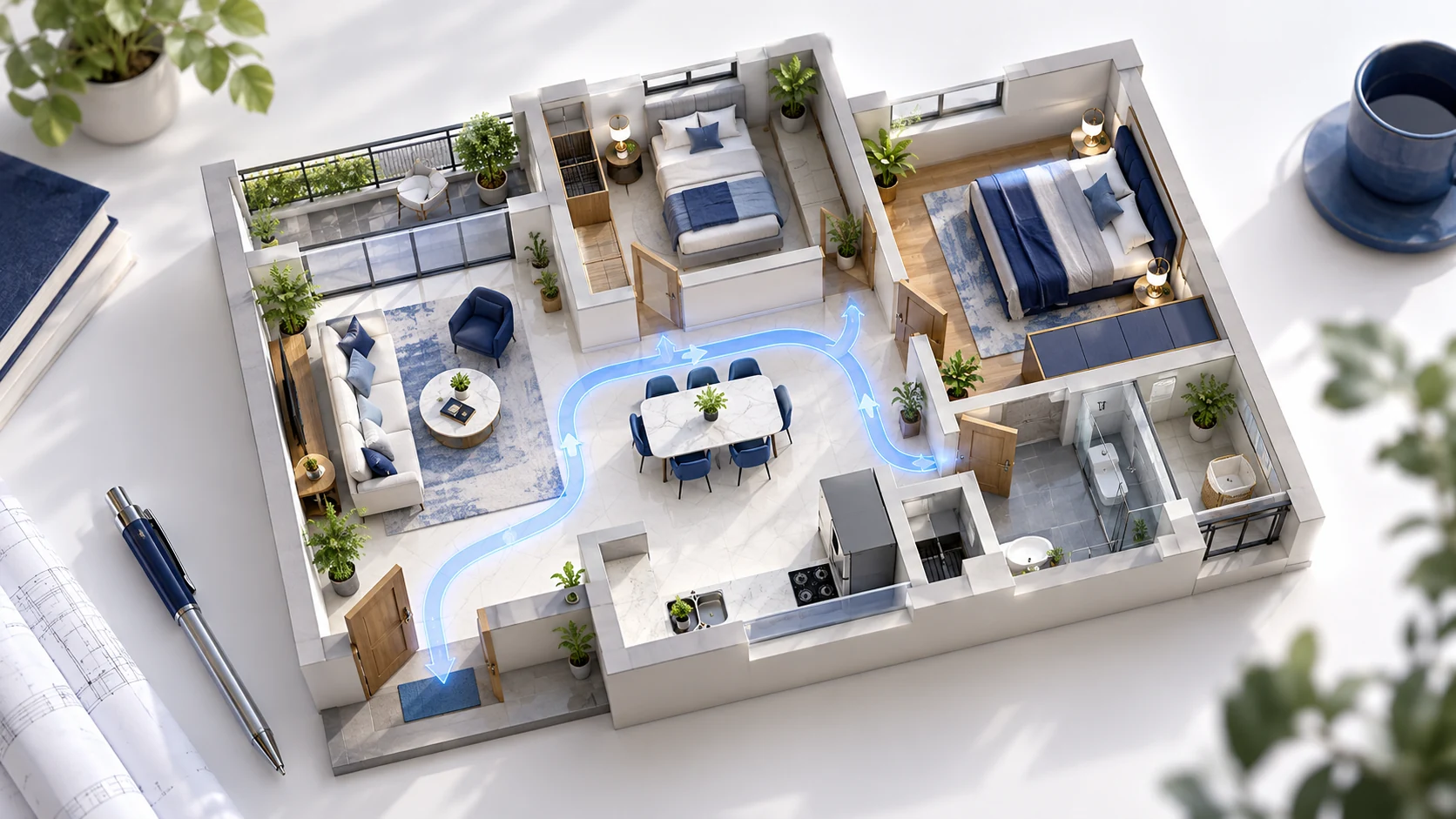 Illustration of an apartment floor plan with furnished rooms and a blue movement route.