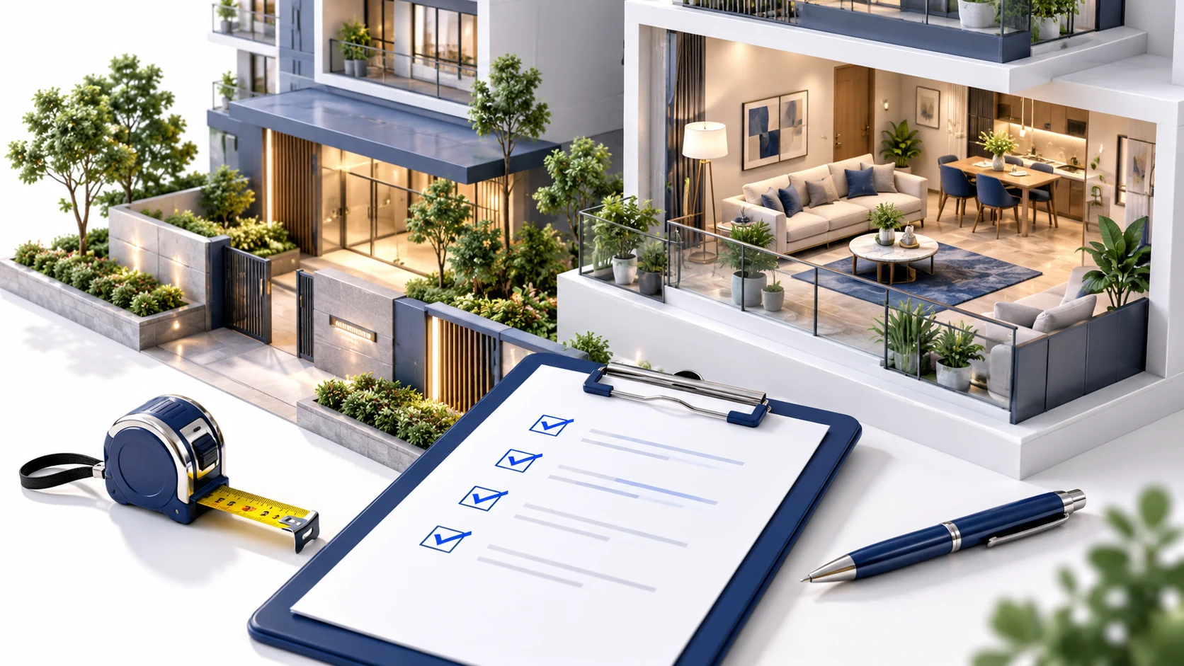 Illustration of a site-visit checklist and inspection tools beside an apartment model.