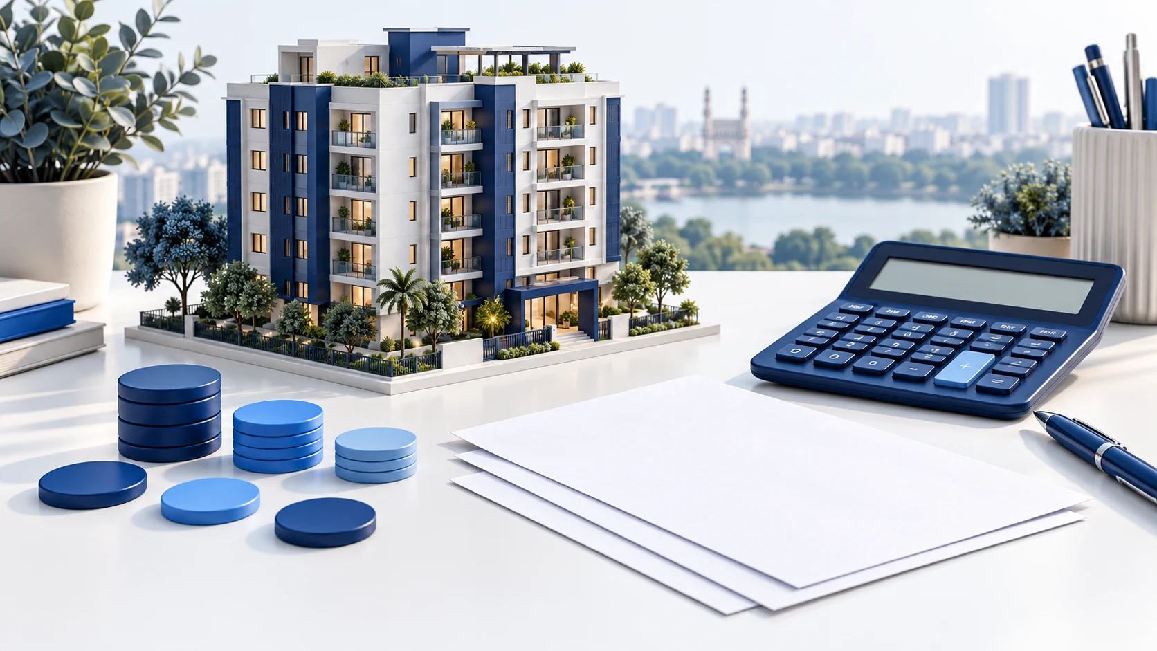 Illustration of an apartment model, calculator and grouped cost tokens on a white desk.
