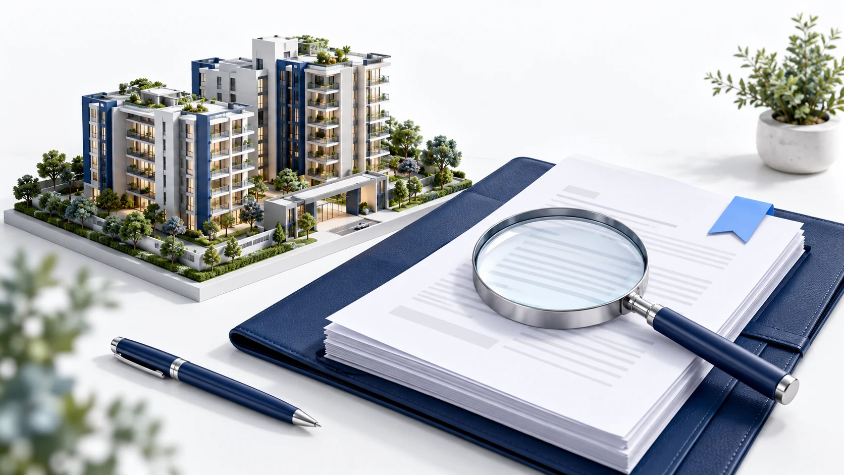 Illustration of a document folder and magnifying glass beside a generic apartment model.