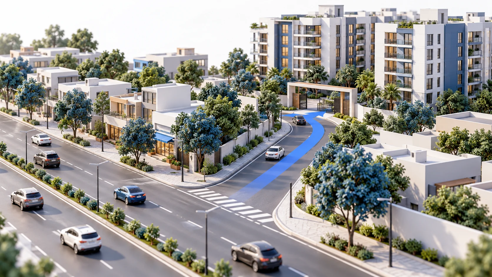 Illustration of an approach road leading to apartment buildings, with the route highlighted in blue.