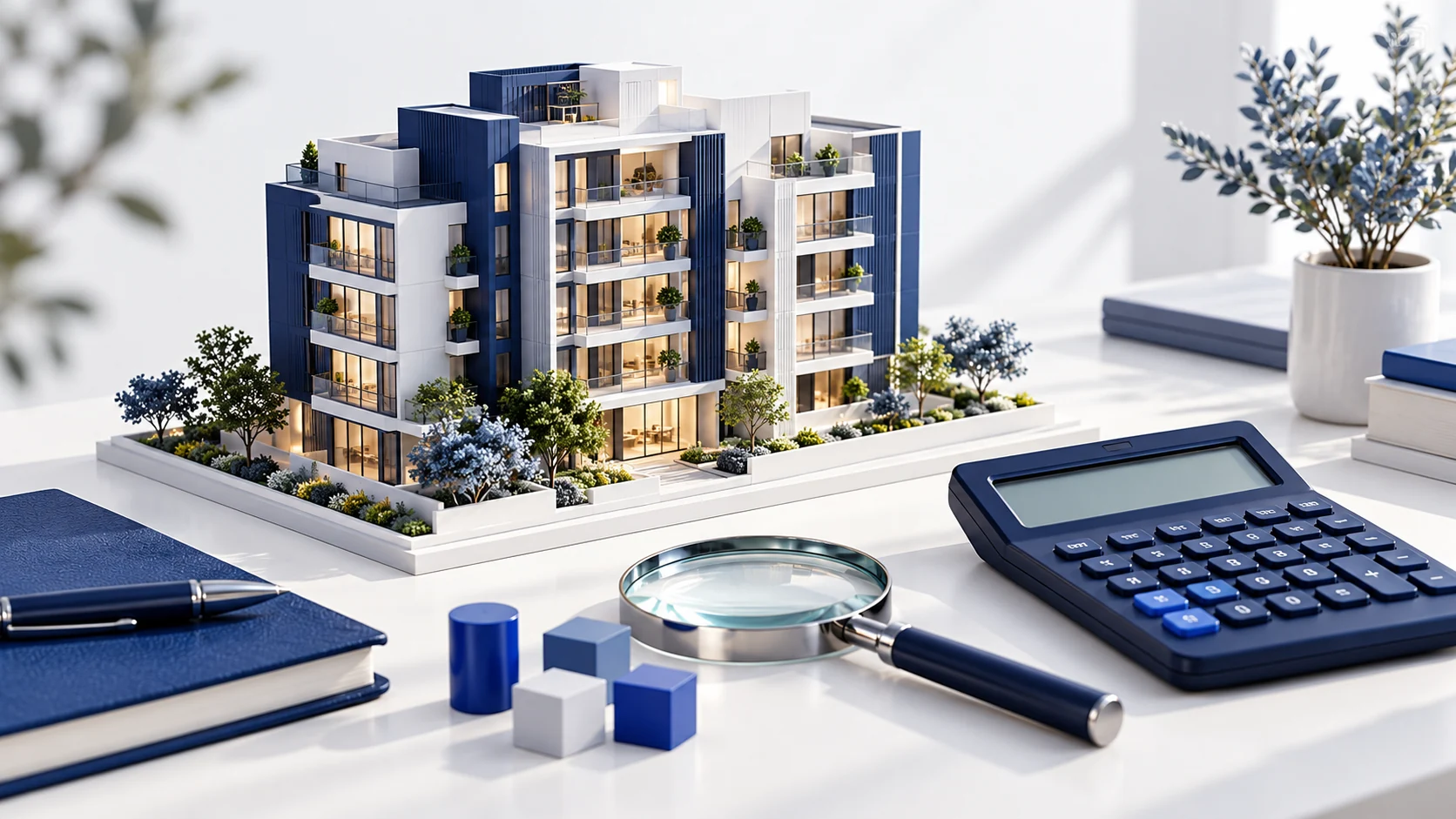 Illustration of an apartment investment model beside a calculator and coin stacks.